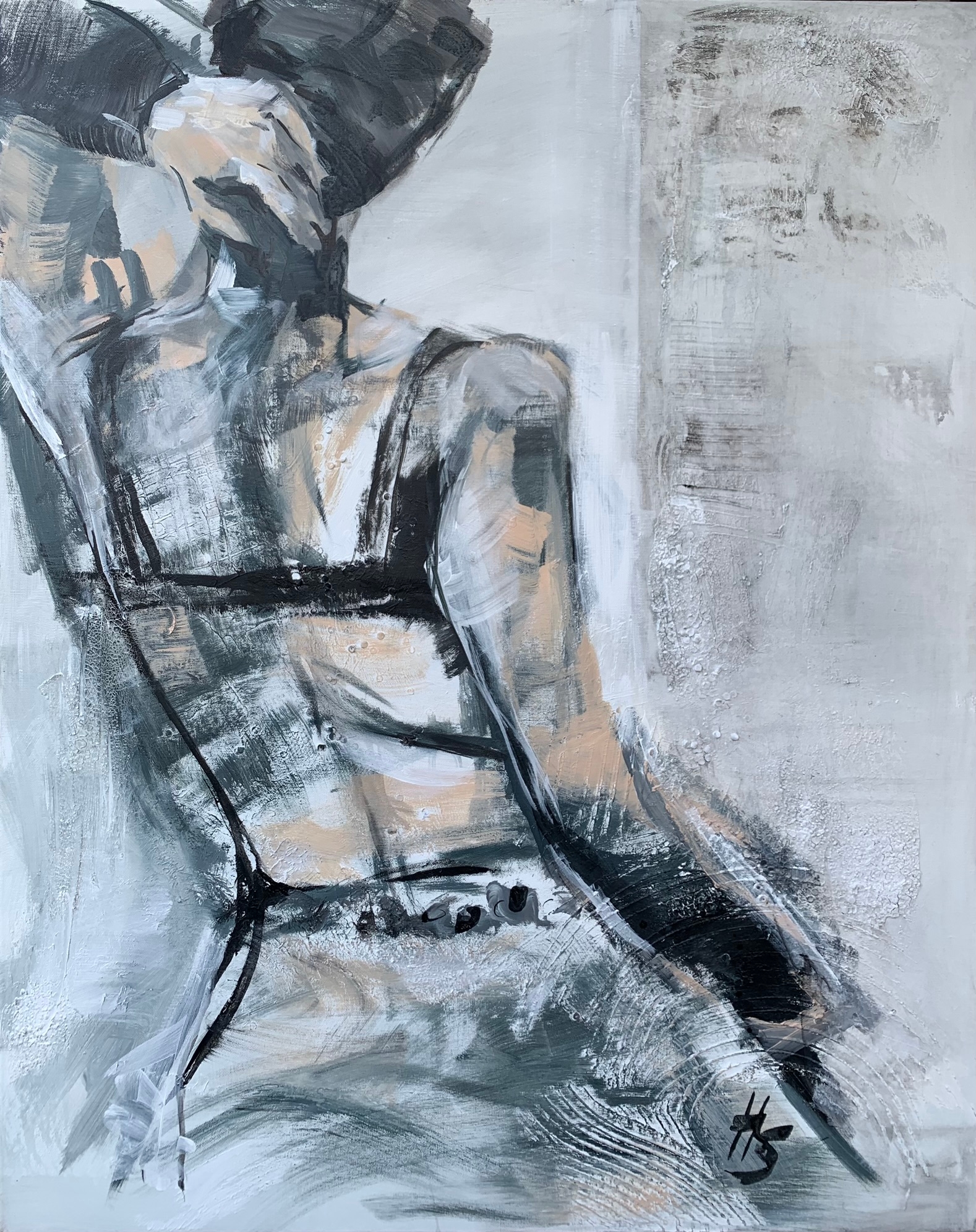Kunstwerk von Heike Schümann zeigt eine stehende Frau von hinten in lässiger Pose