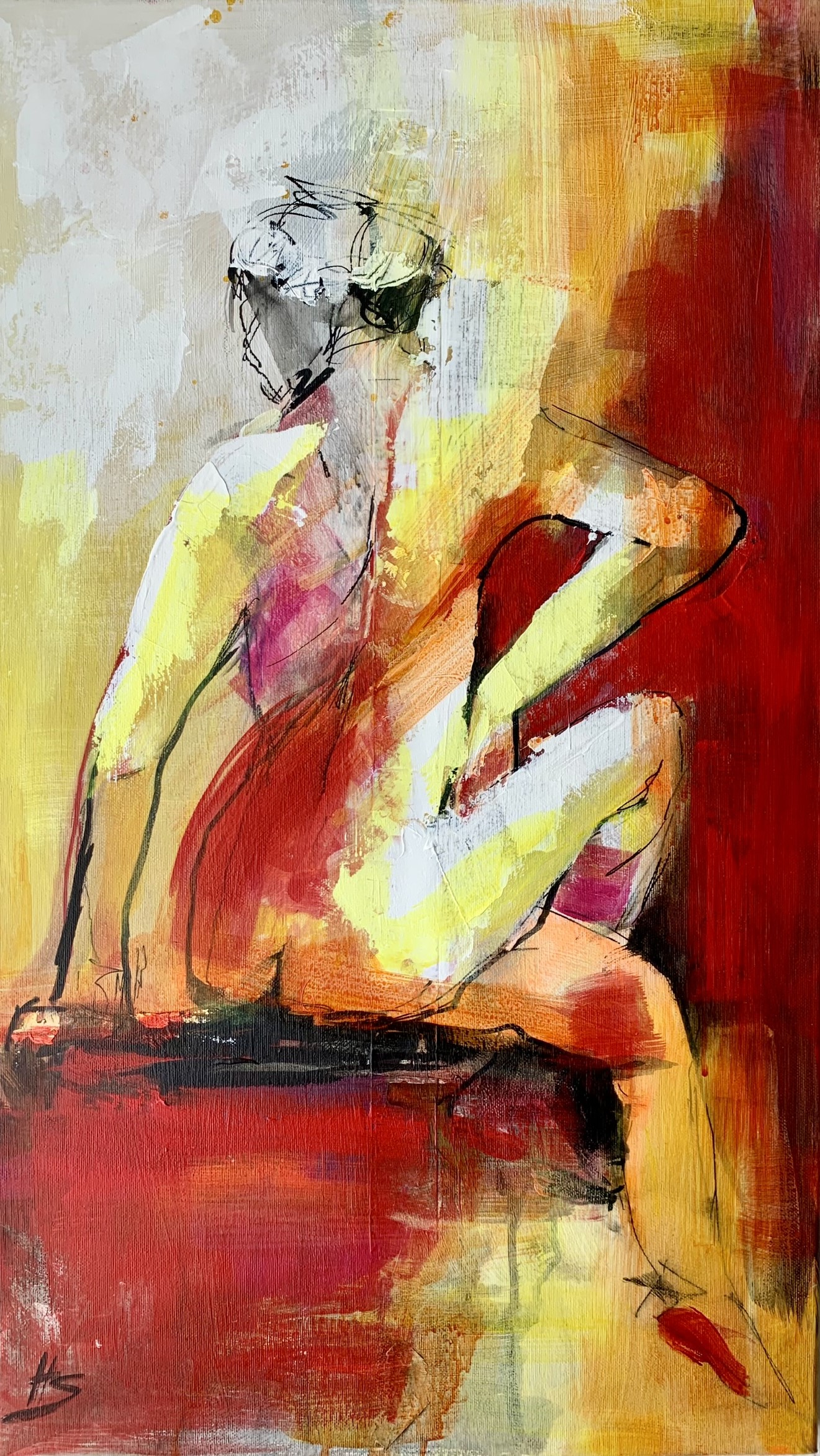 Kunstwerk von Heike Schümann zeigt eine mit dem Rücken zugewandte sitzende Frau