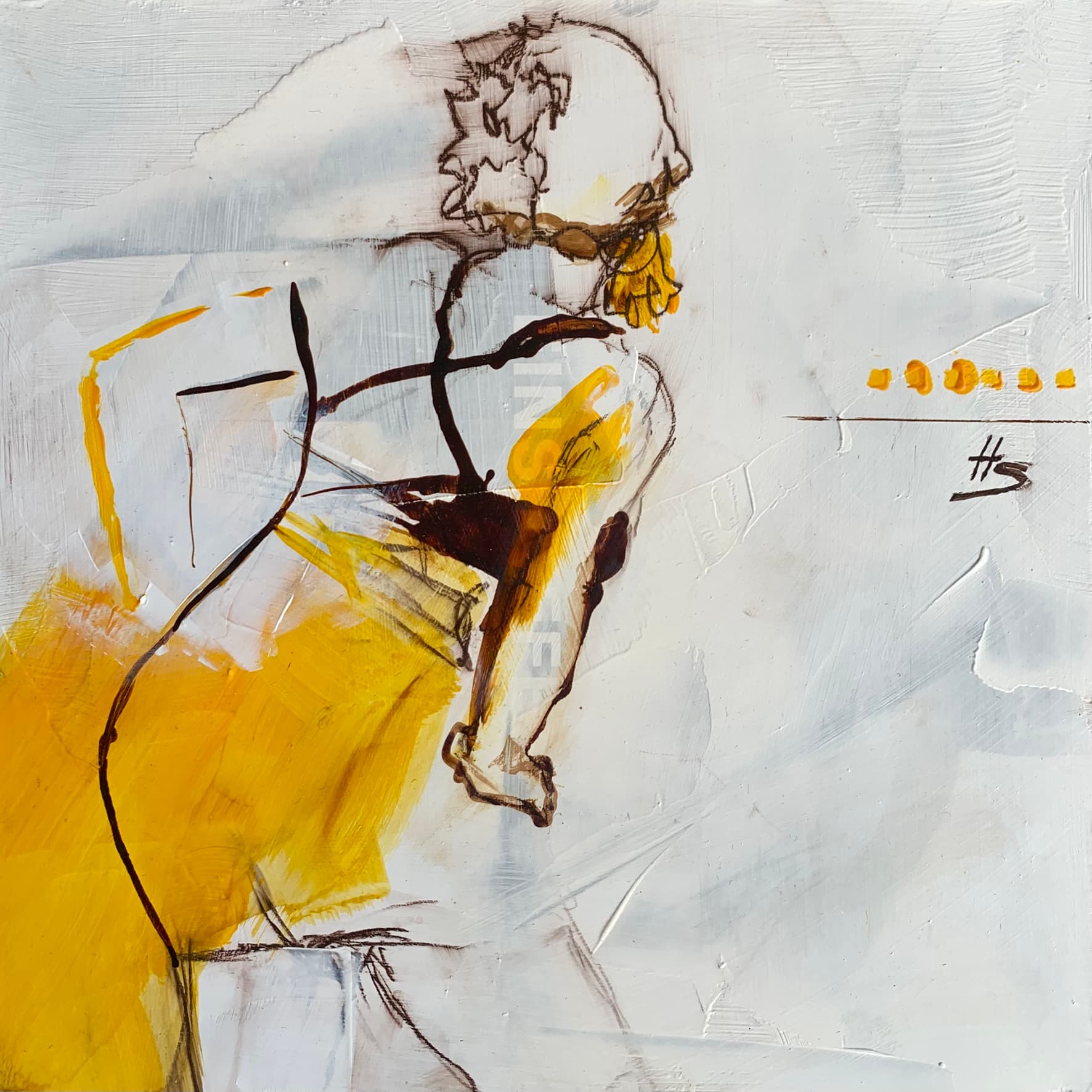 Artwork by Heike Schümann showing a standing woman leaning forward, facing away from the viewer